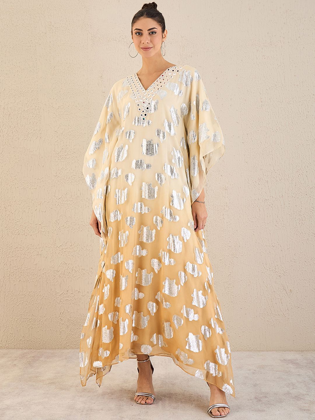 

First Resort by Ramola Bachchan Mirror work Ombre Kaftan Maxi Dress, Cream