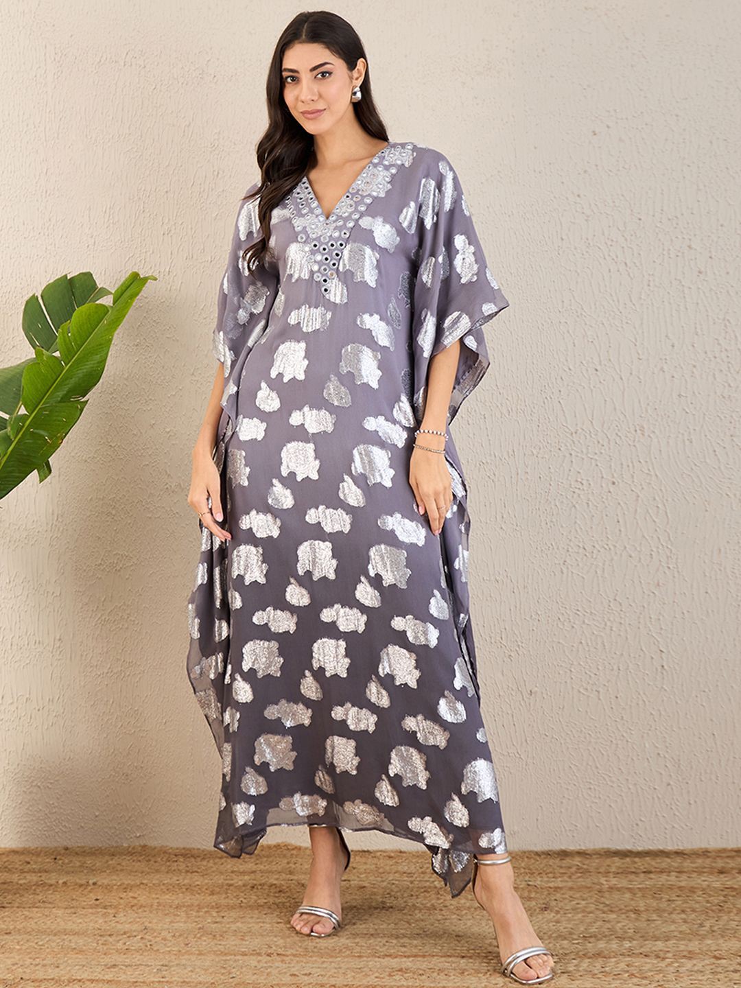 

First Resort by Ramola Bachchan Mirror work Ombre Kaftan Maxi Dress, Grey