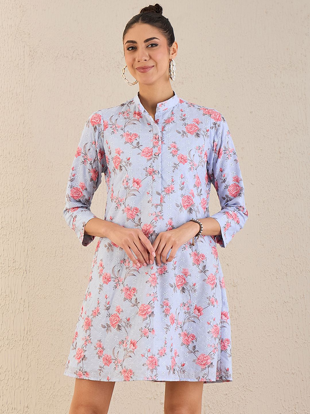 

First Resort by Ramola Bachchan Mandarine Collar A-Line Floral Mini Dress, Blue
