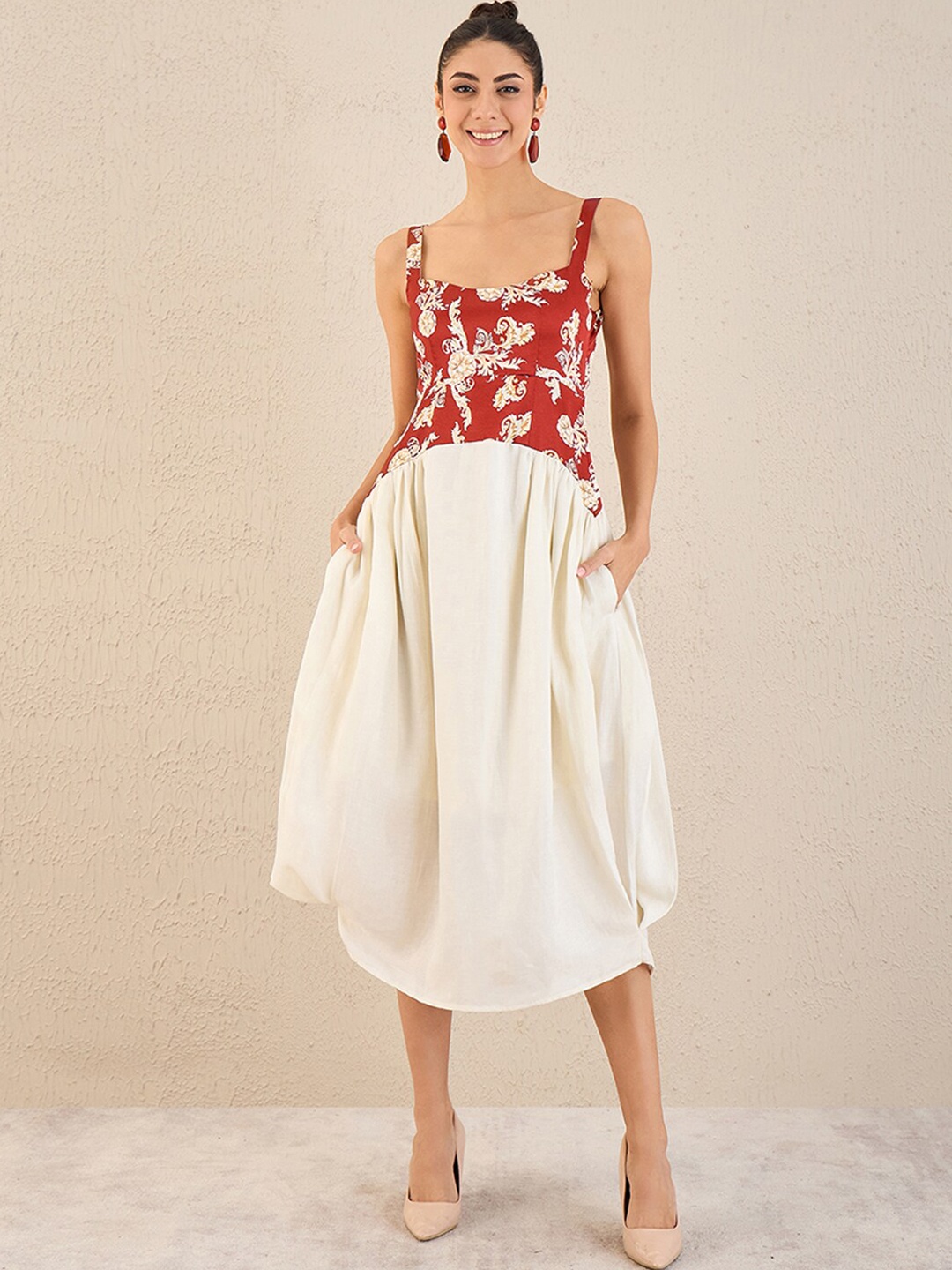 

First Resort by Ramola Bachchan Linen Shoulder Straps A-Line Midi Dress, Off white