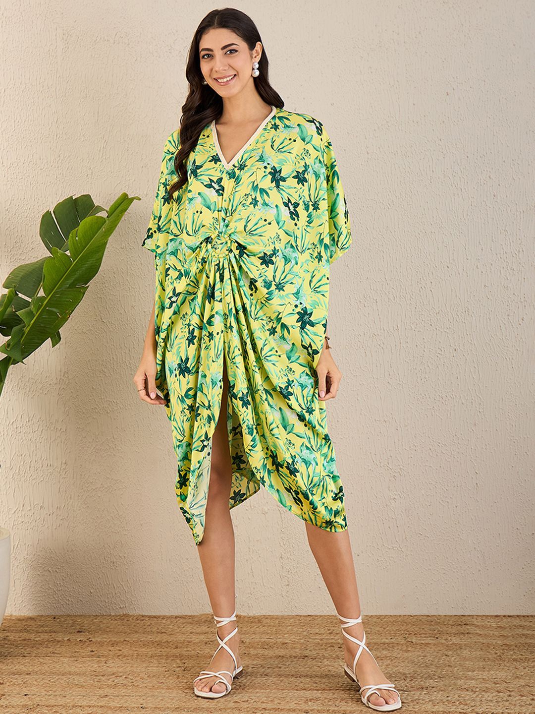 First Resort by Ramola Bachchan Floral Print Kaftan Midi Dress, Lime green