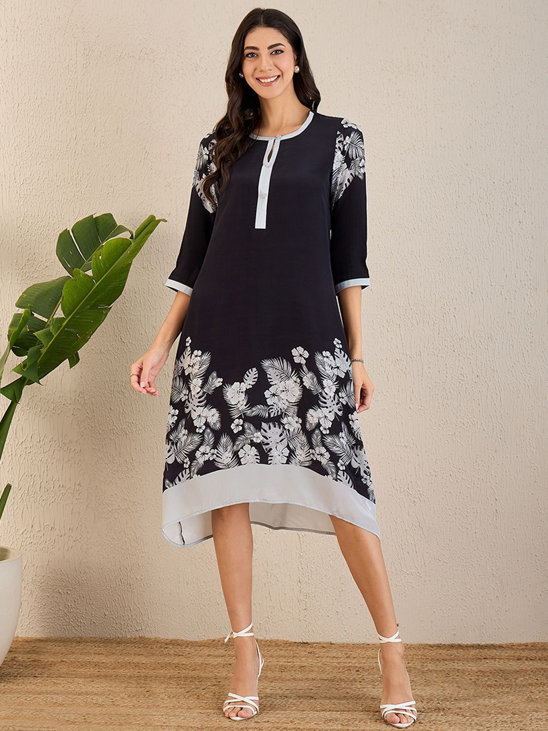 

First Resort by Ramola Bachchan Floral Print A-Line Dress, Black