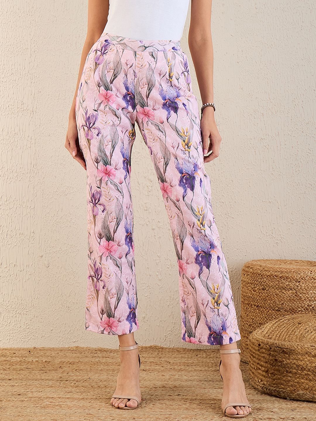 

First Resort by Ramola Bachchan Printed Straight Fit Cotton Regular Trousers, Pink