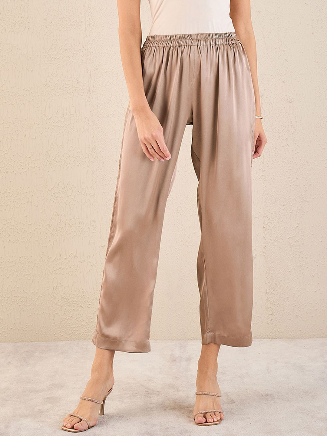 

First Resort by Ramola Bachchan Women Satin Palazzos, Brown