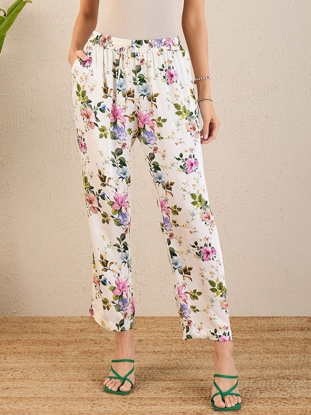 

First Resort by Ramola Bachchan Floral Printed Trouser, White