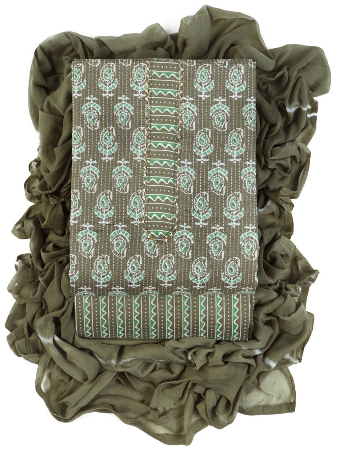 

Sun Fashion And Lifestyle Ethnic Motifs Printed Gotta Patti Unstitched Dress Material, Green