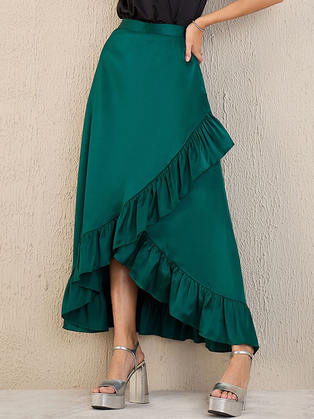 First Resort by Ramola Bachchan Maxi Flared Frill Skirts, Teal