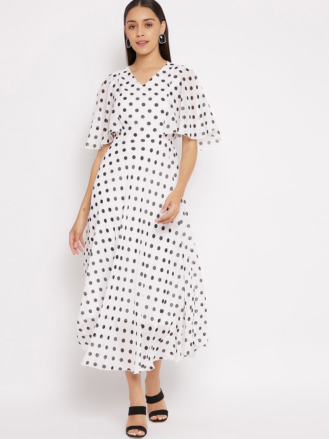 

HELLO DESIGN Polka Dot Printed V-Neck Fit & Flare Midi Dress, White