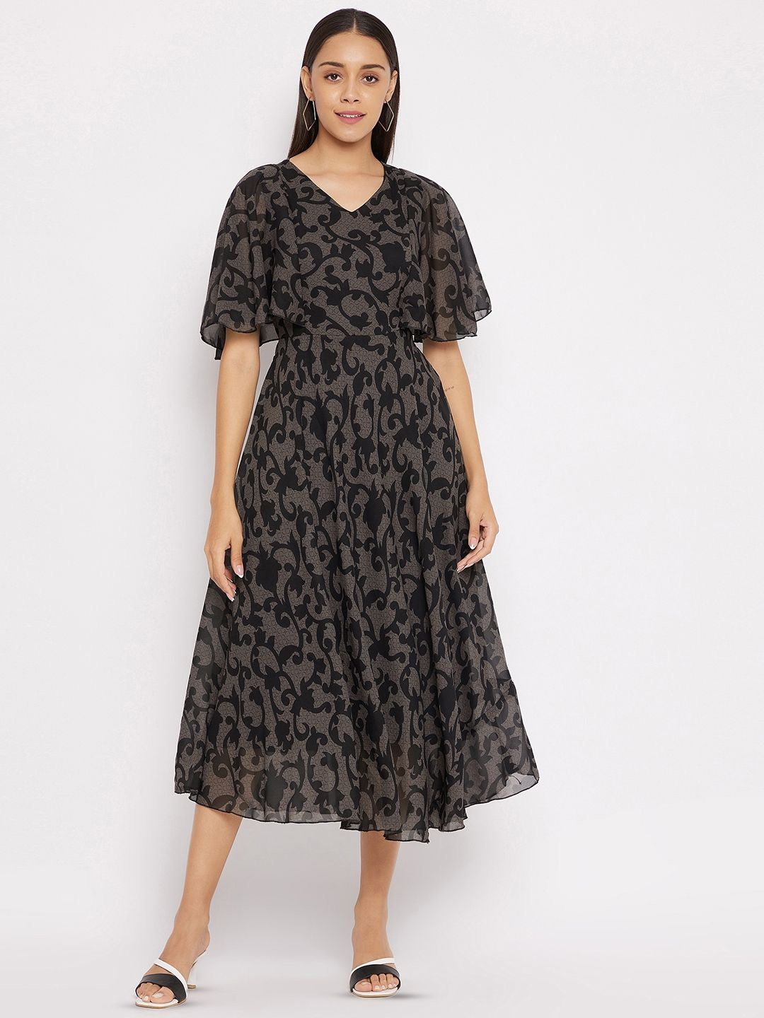 

HELLO DESIGN Printed V-Neck Fit & Flare Midi Dress, Black