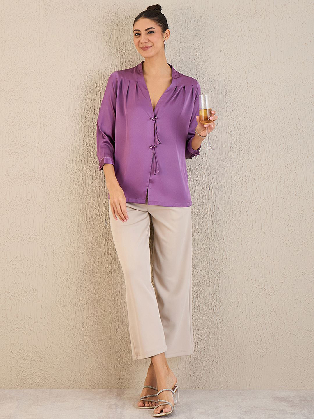 

First Resort by Ramola Bachchan Summer 2024 Embellished V-Neck Top, Lavender