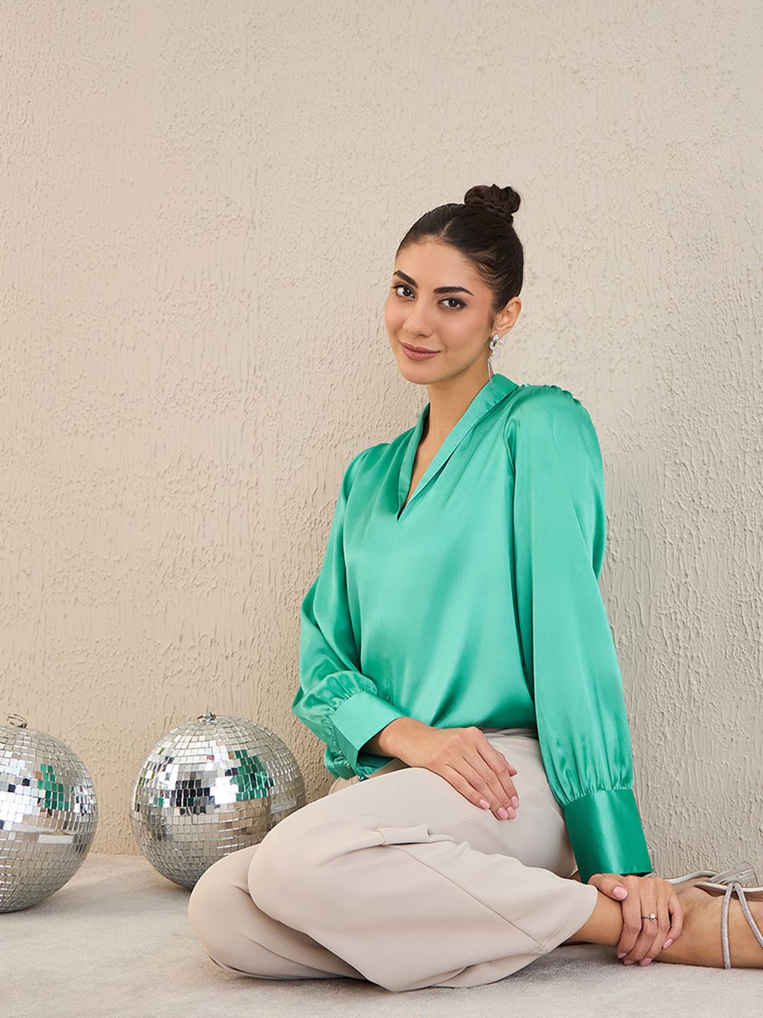 

First Resort by Ramola Bachchan Sheen V-neck Satin Solid Top, Turquoise blue