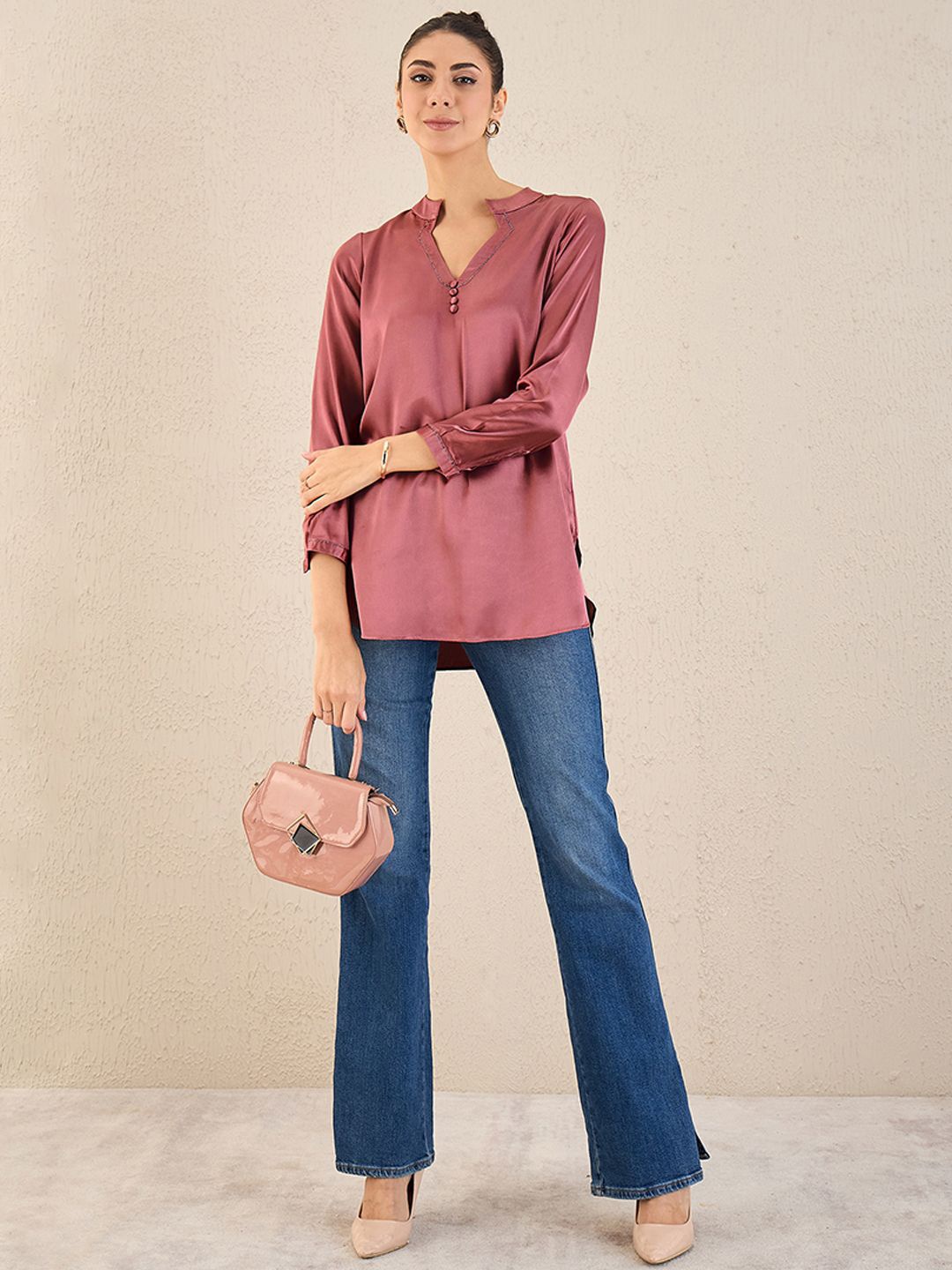

First Resort by Ramola Bachchan summer 2024 Embellished Mandarin Collar Satin Top, Pink