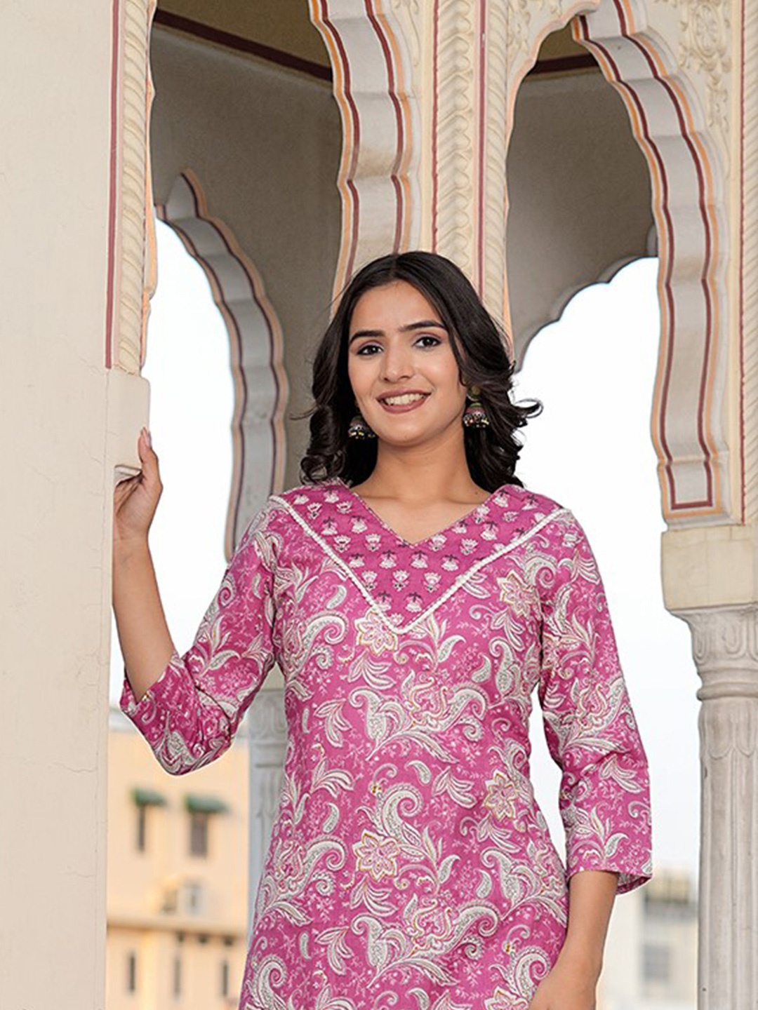 

KALINI Women Floral Printed Sequinned Pure Cotton Kurta with Trousers & With Dupatta, Pink