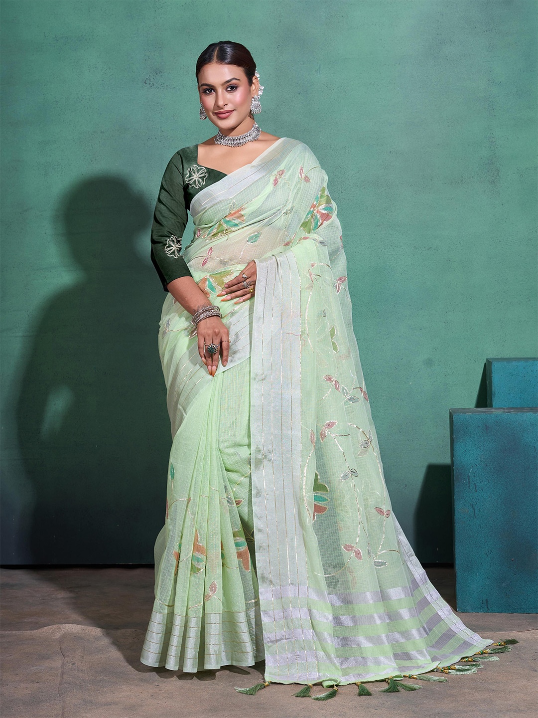 

Mitera Floral Embellished Hand Painted Saree, Green