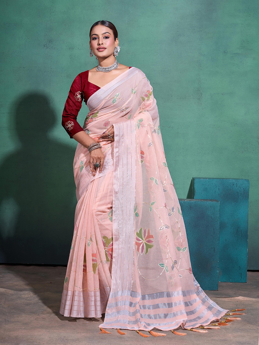 

Mitera Floral Embellished Hand Painted Saree, Peach