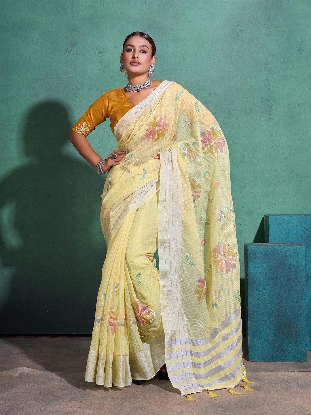 

Mitera Floral Embellished Hand Painted Saree, Yellow