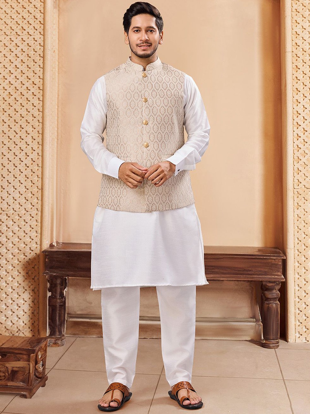 

House of Pataudi Printed Nehru Jackets, Beige