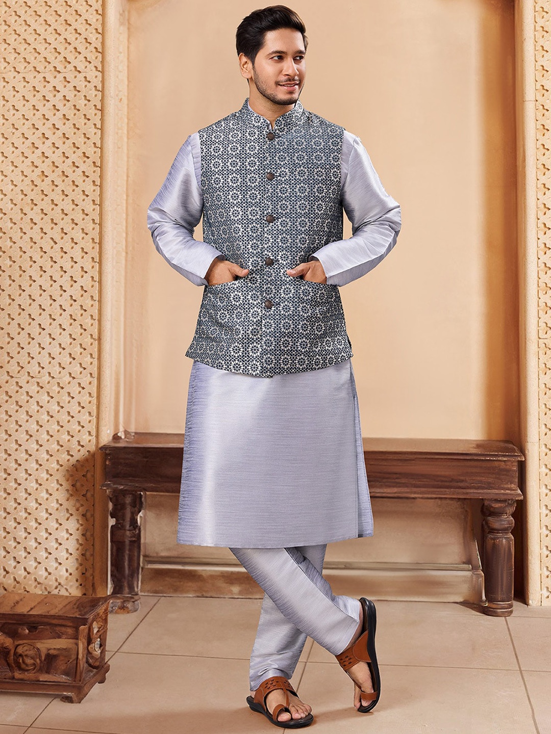 

House of Pataudi Printed Nehru Jackets, Navy blue