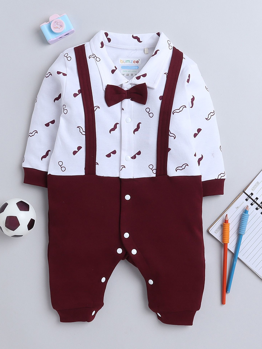 

BUMZEE Infants Boys Printed Cotton Rompers, Maroon