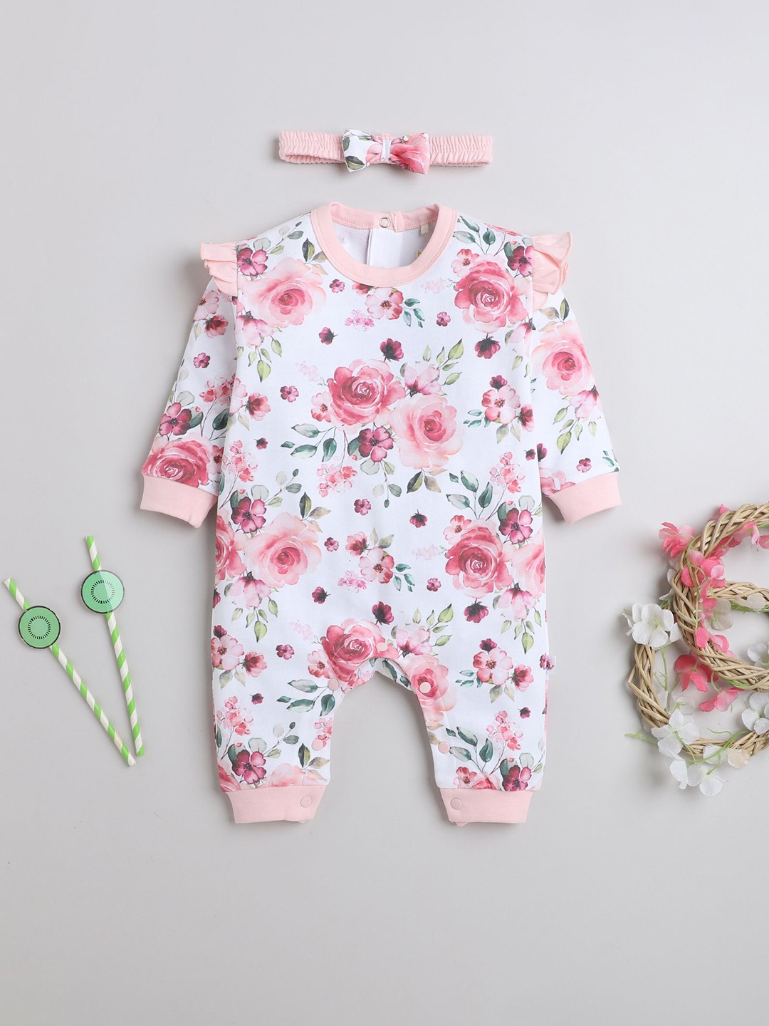 

BUMZEE Infants Girls Floral Printed Cotton Rompers, White