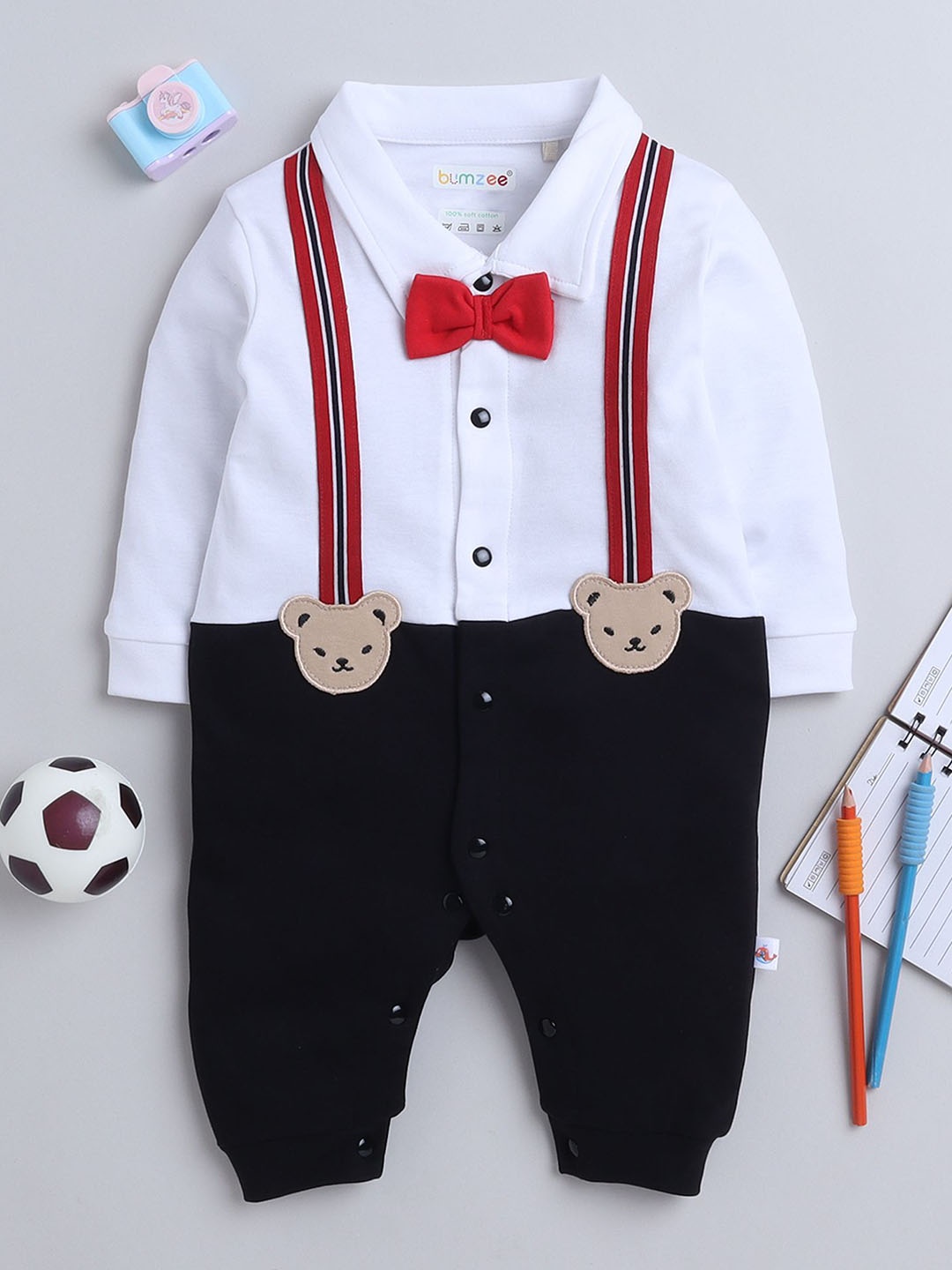 

BUMZEE Infant Boys Printed Cotton Applique Rompers, Black