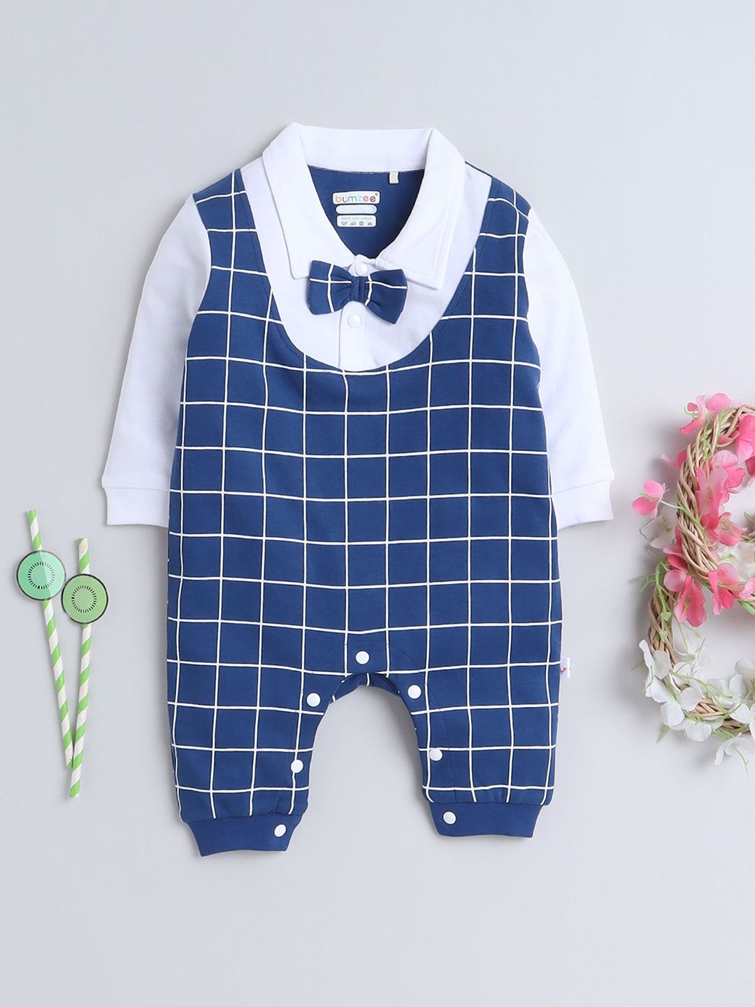 

BUMZEE Infant Boys Checked Cotton Rompers, Navy blue