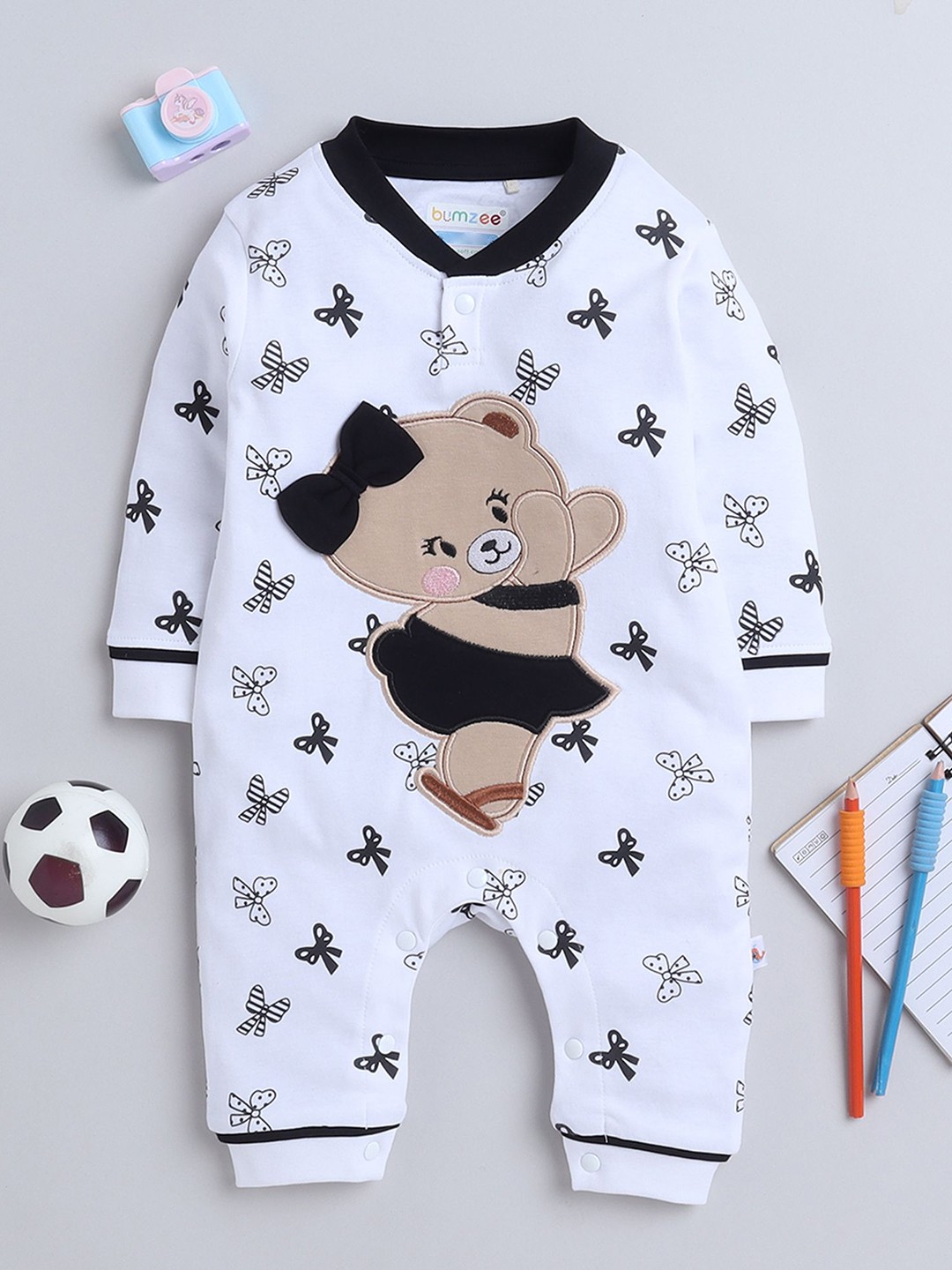 

BUMZEE Infant Girls Printed Applique Cotton Rompers, White