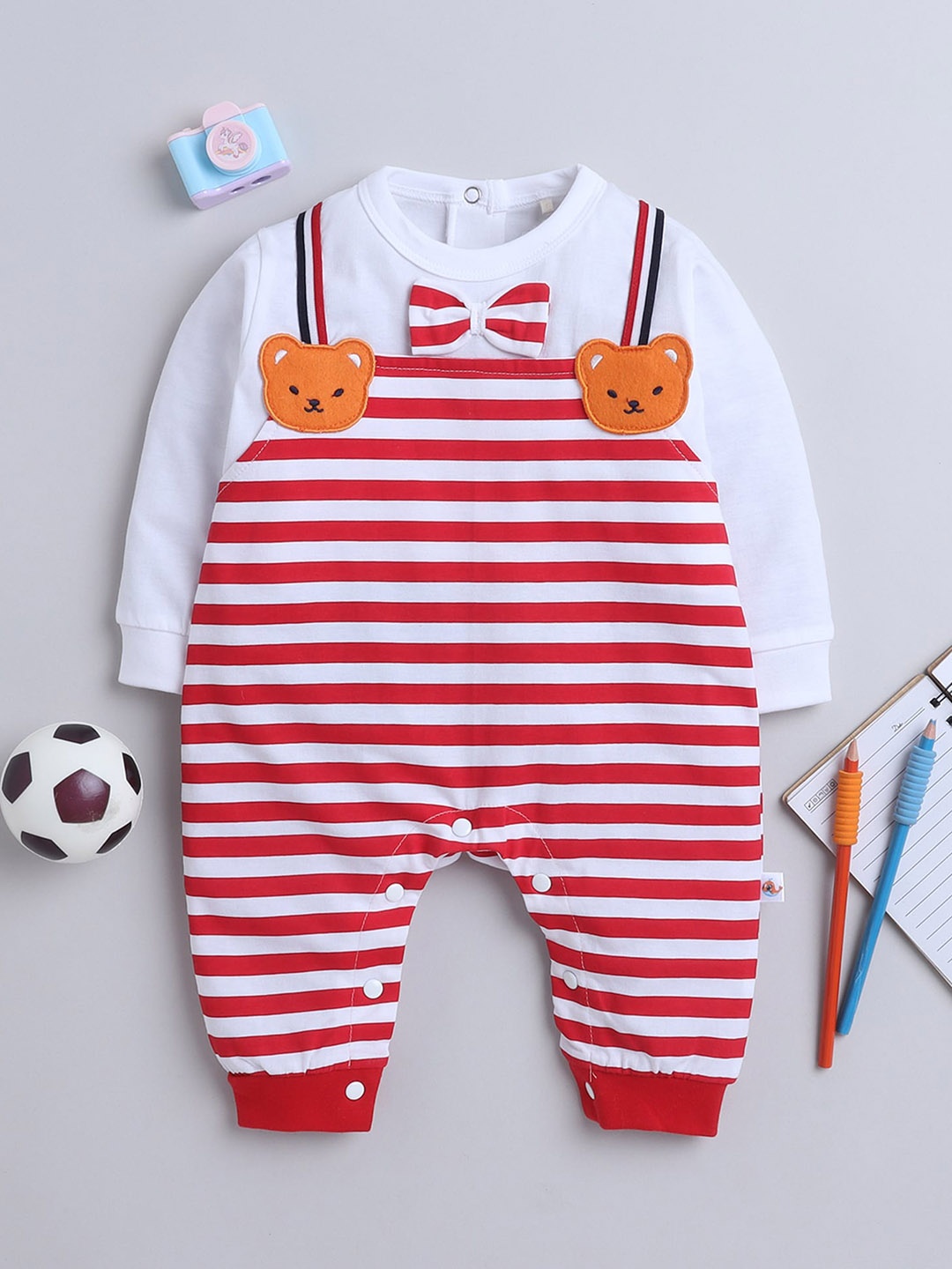 

BUMZEE Infants Boys Striped Applique Cotton Rompers, Red