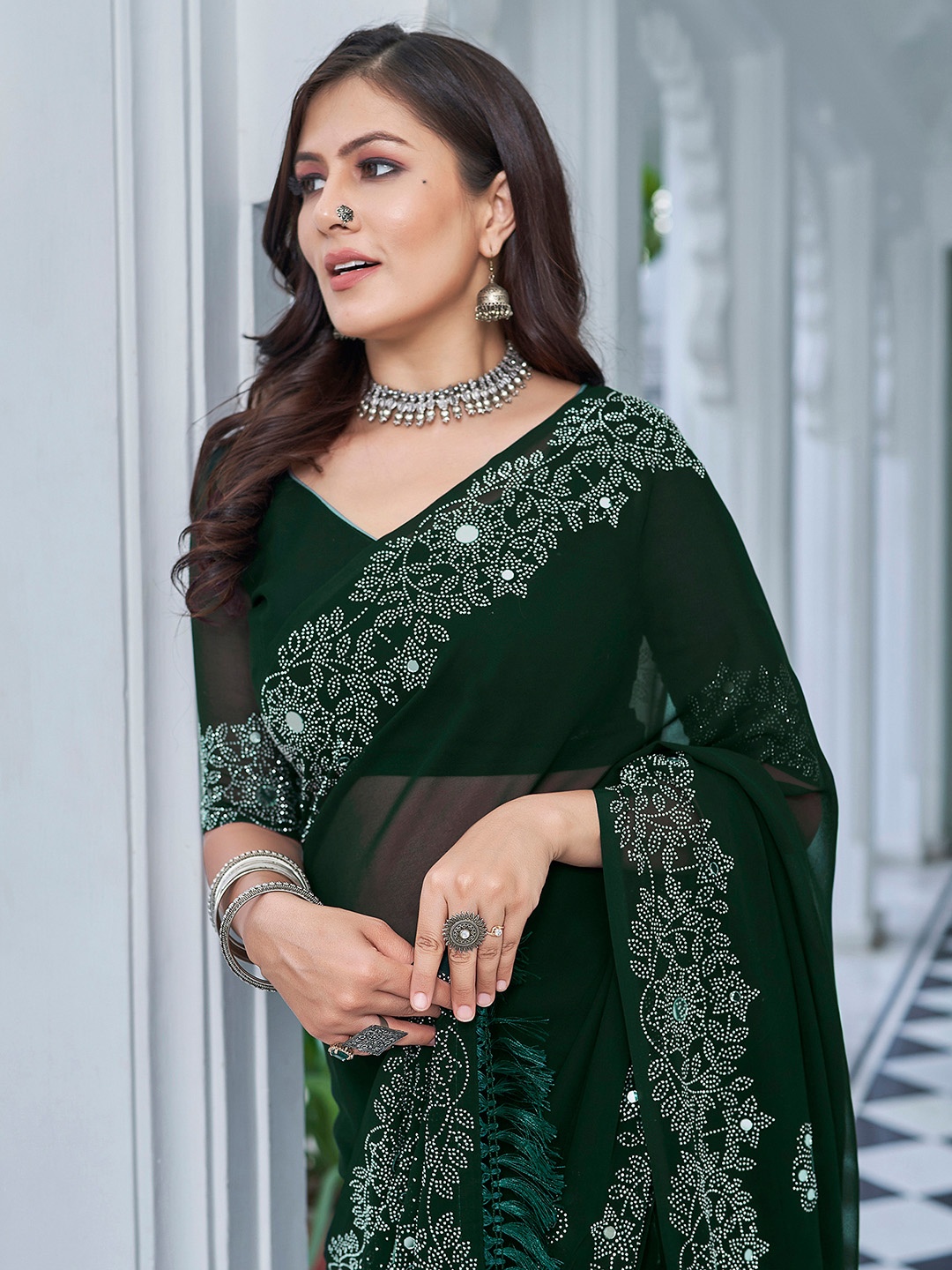 

Mitera Floral Mirror Work Pure Georgette Saree, Green