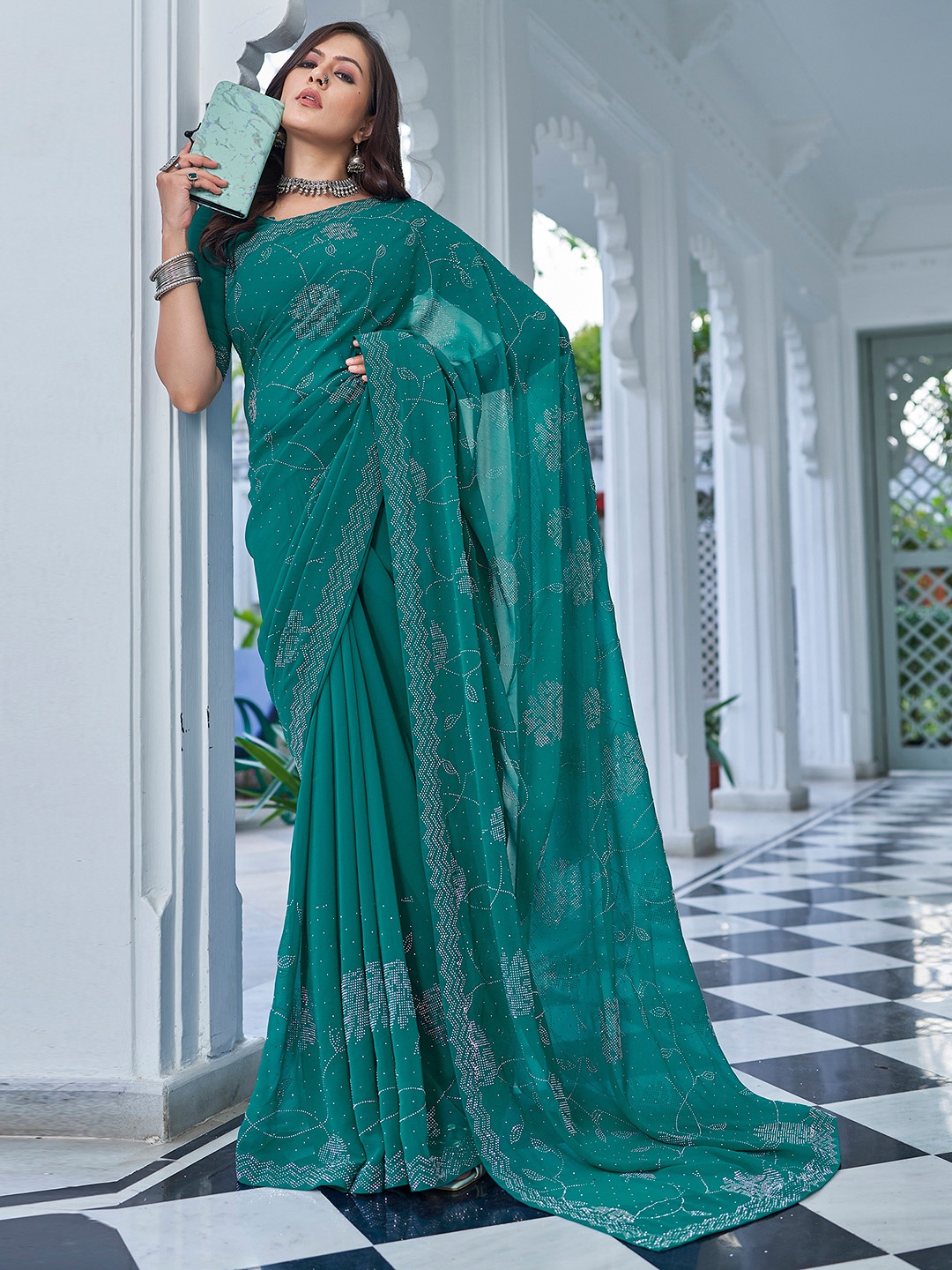 Mitera Floral Beads and Stones Pure Georgette Saree, Turquoise blue