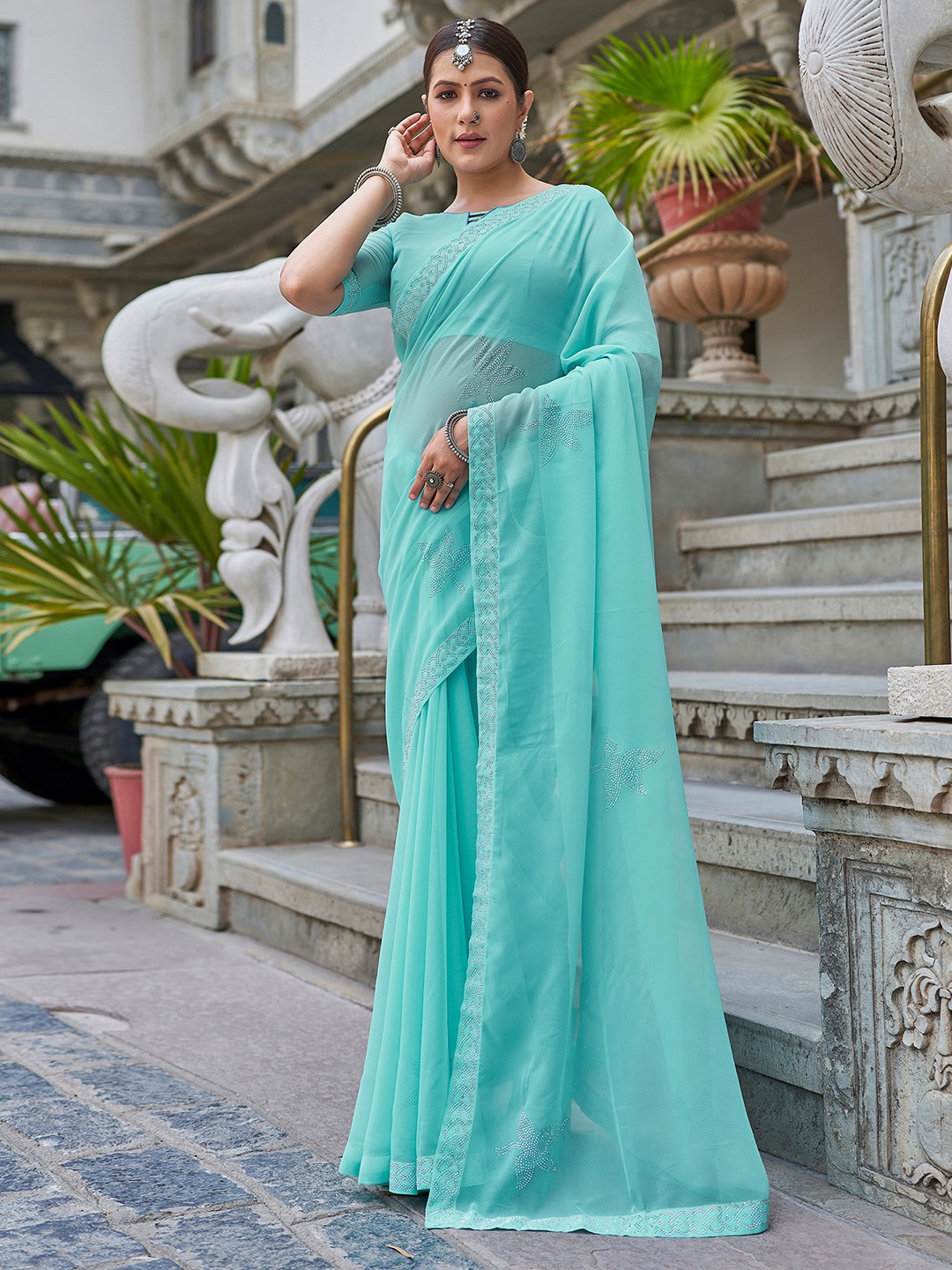 

Mitera Beads and Stones Pure Georgette Saree, Turquoise blue
