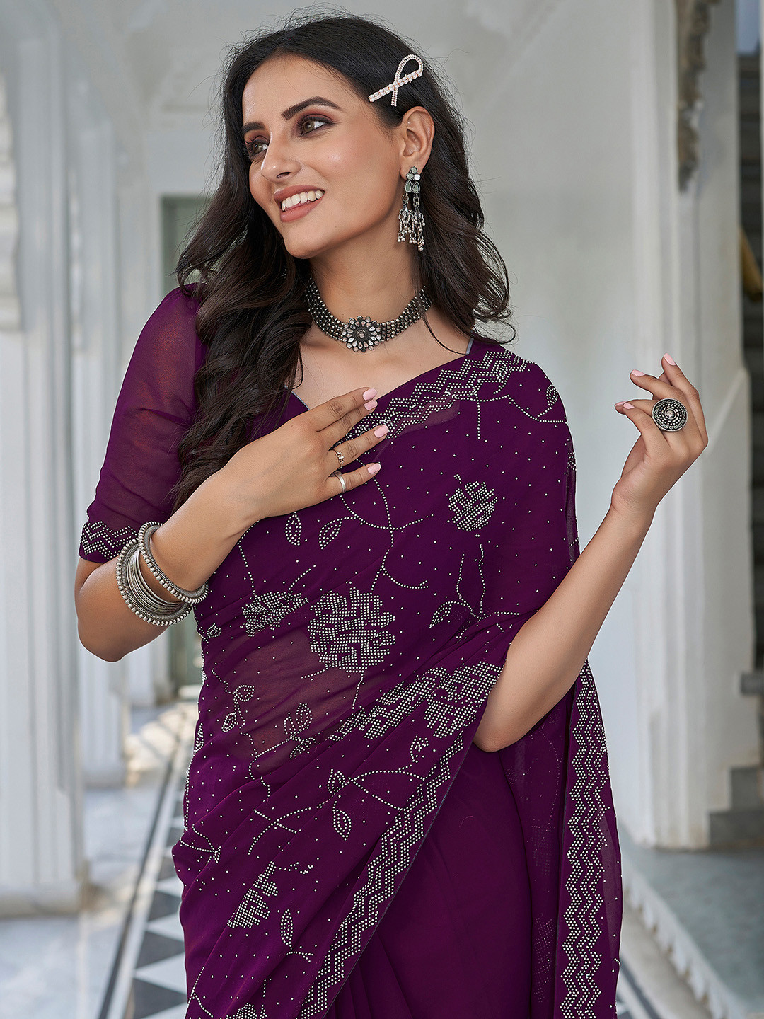 

Mitera Floral Beads and Stones Pure Georgette Saree, Purple