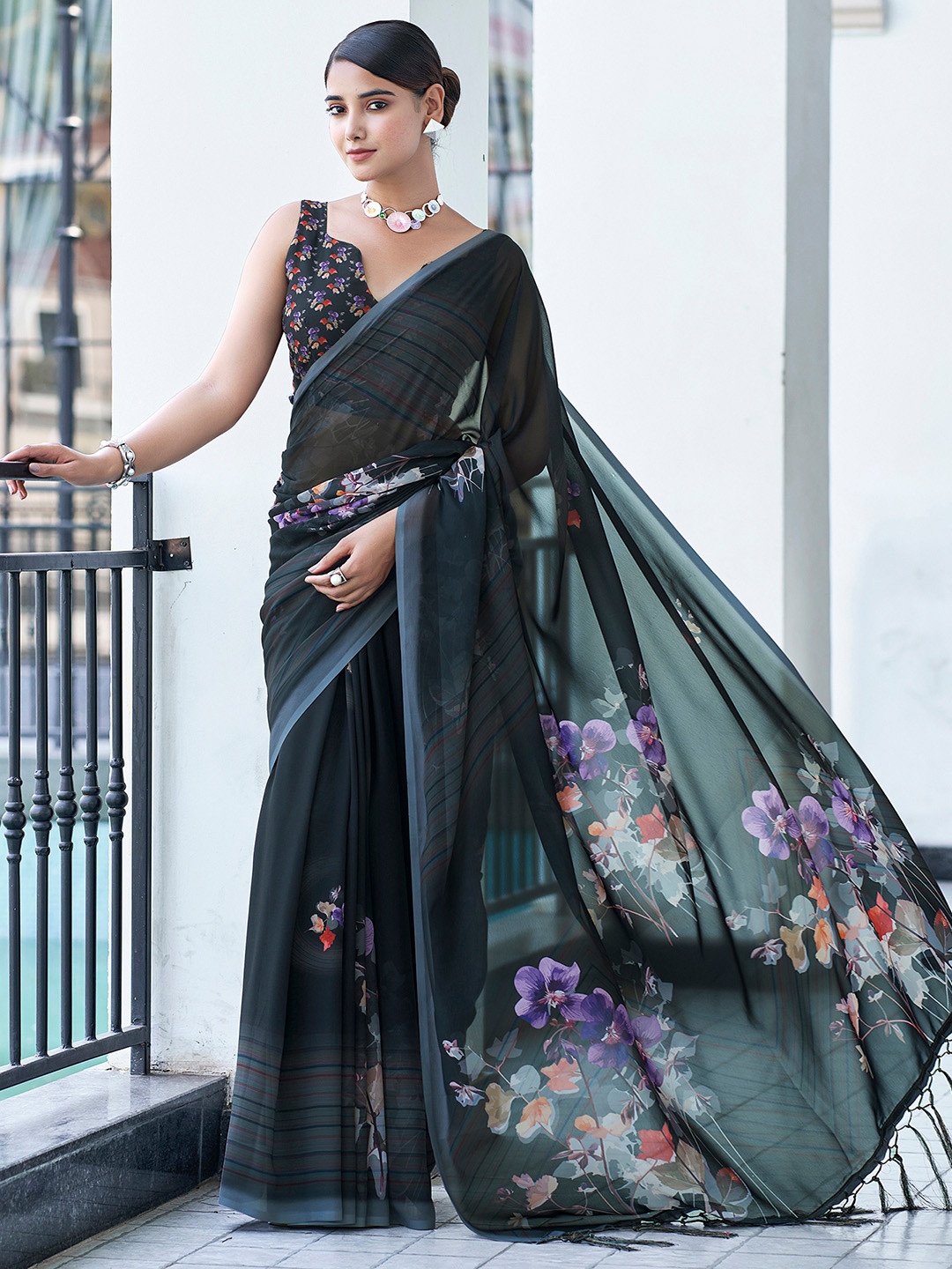 Mitera Floral Pure Georgette Saree, Black