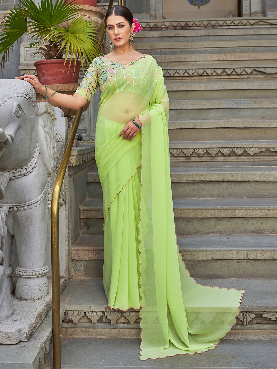 

Mitera Embroidered Pure Georgette Saree, Lime green