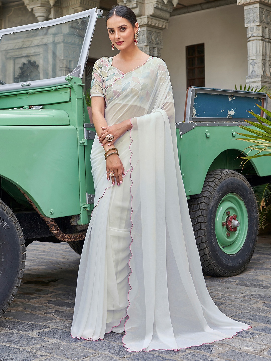 Mitera Dyed & Cut Work Border Pure Georgette Saree, White