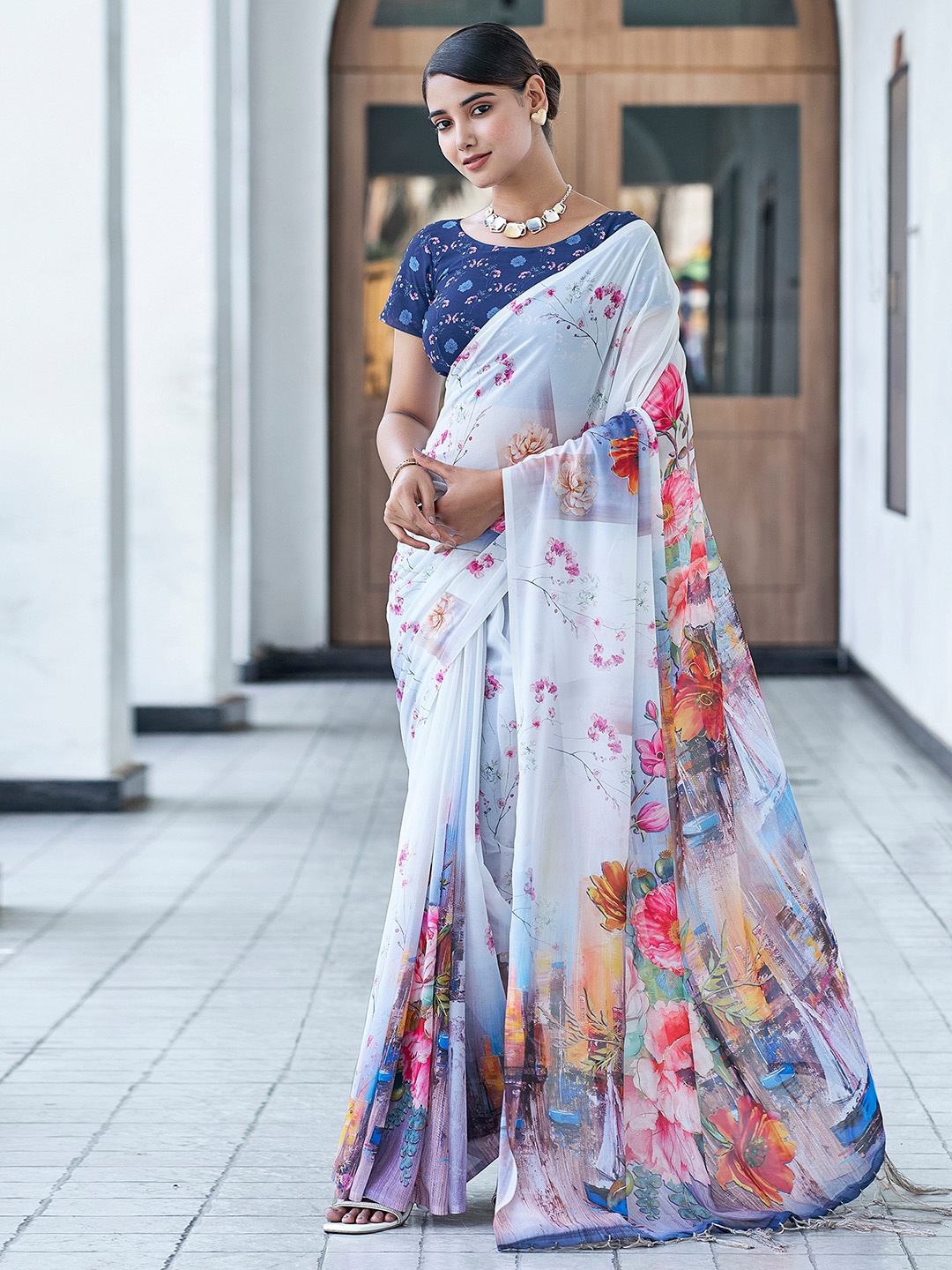 

Mitera Floral Printed Pure Georgette Saree, White