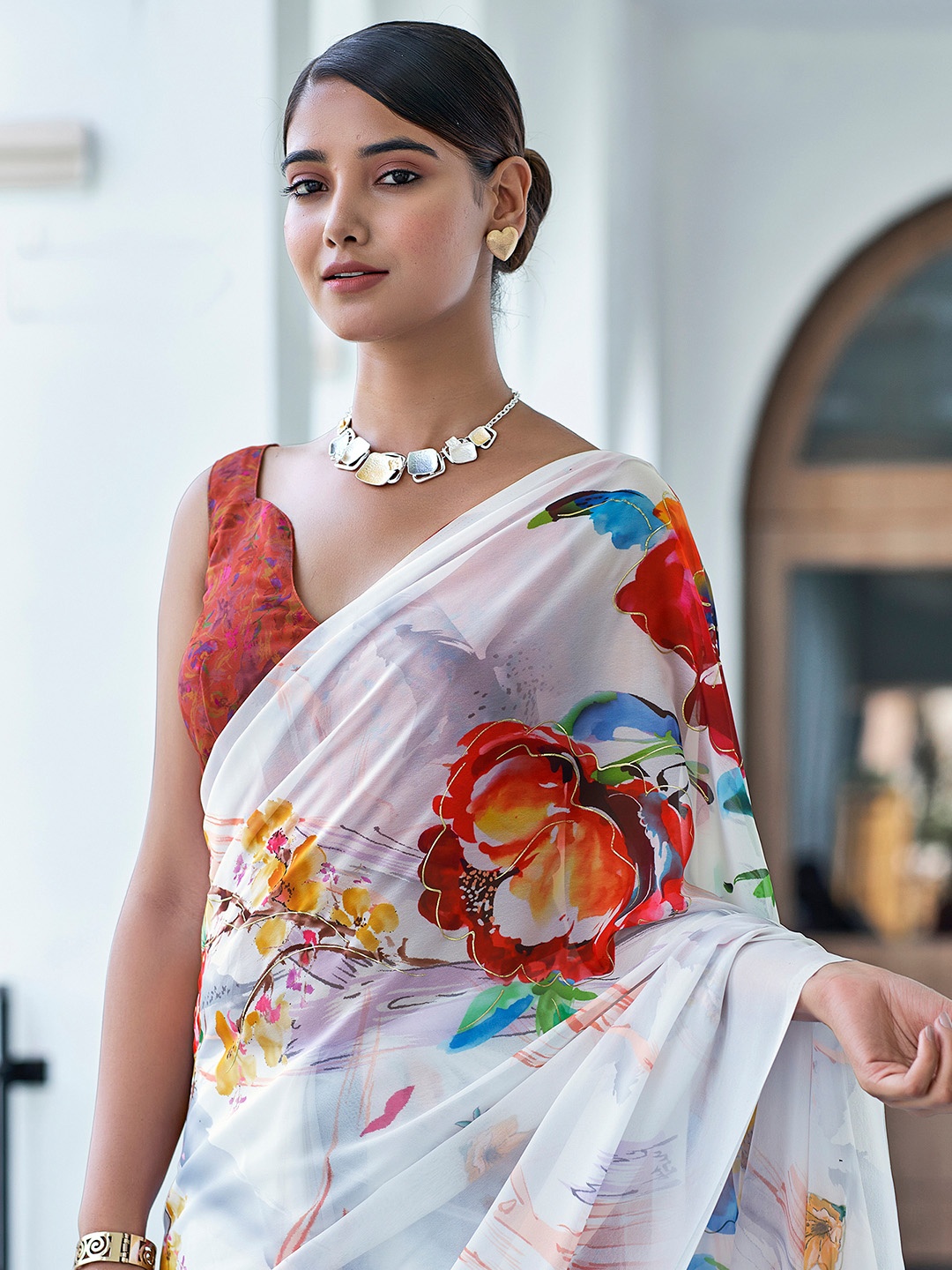 Mitera Floral Pure Georgette Saree, White