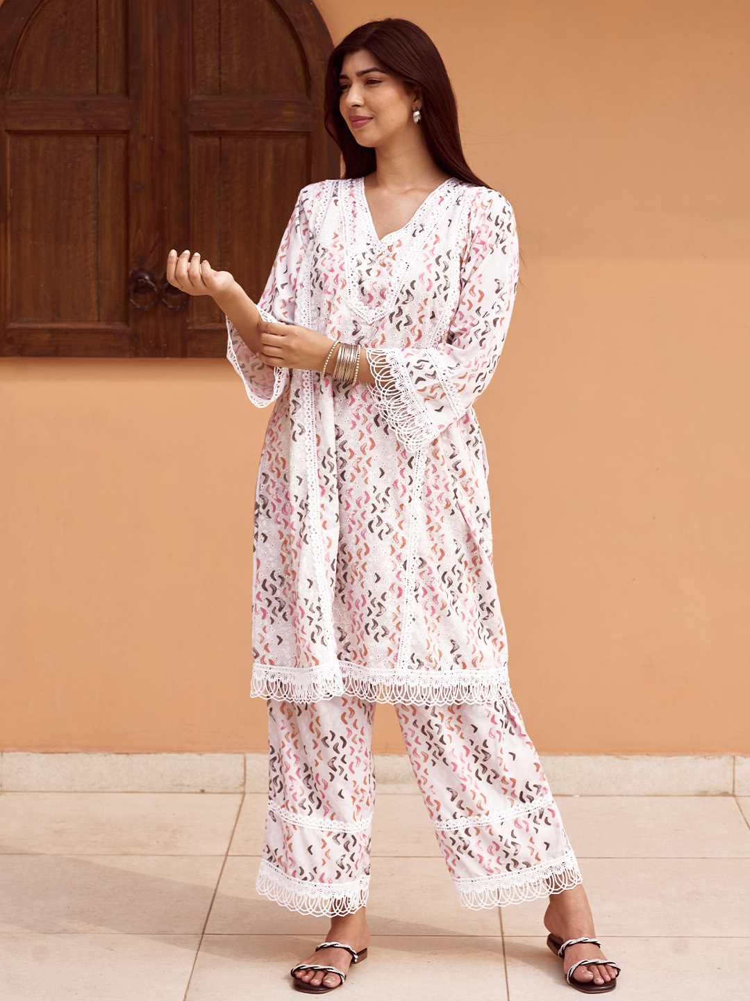 

Libas Women Geometric Printed Regular Chikankari Kurta with Palazzos, Off white