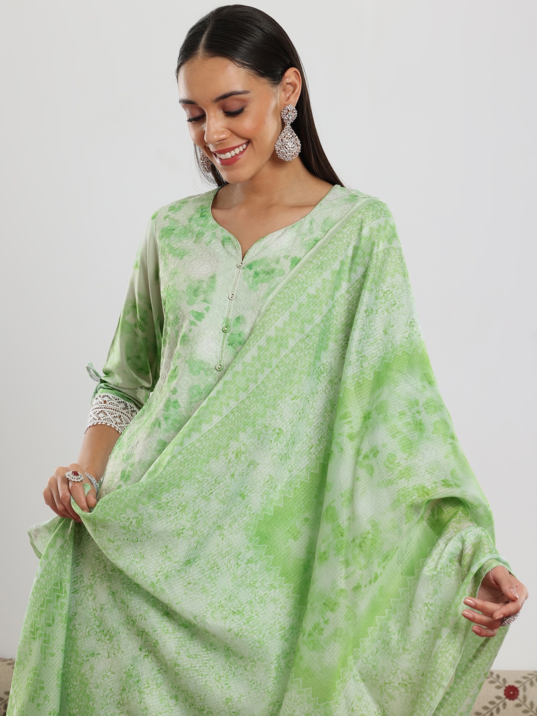 

Libas Women Embroidered Regular Kurta with Palazzos & With Dupatta, Green