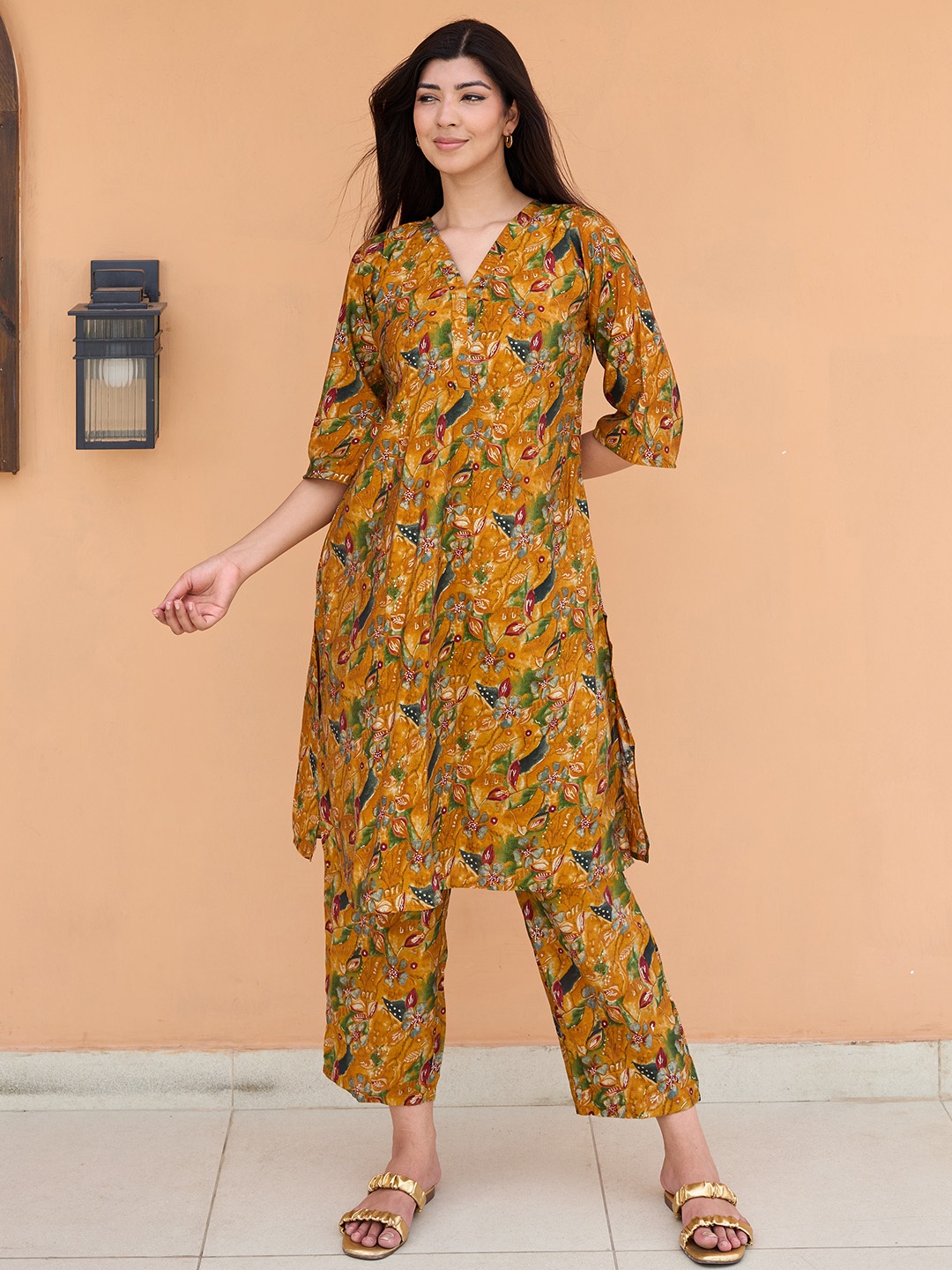 

Libas Women Floral Printed Tunic with Trousers, Mustard