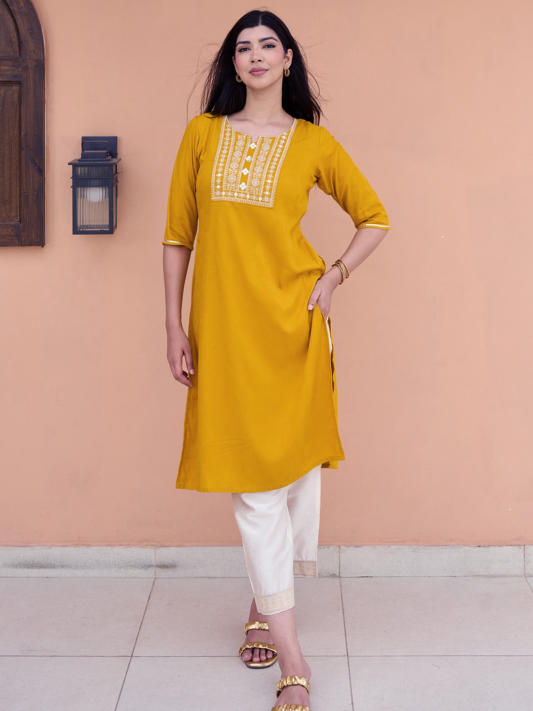 

Libas Women Yoke Design Thread Work Kurta, Yellow