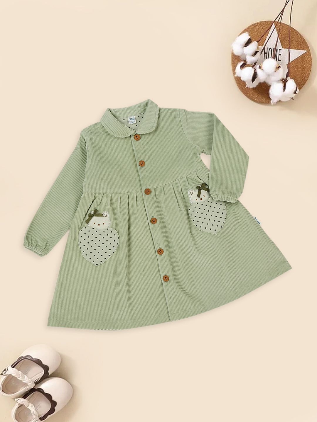 

MeeMee Striped Shirt Collar Pure Cotton A-Line Dress, Lime green