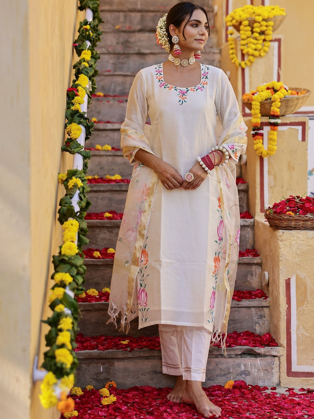 

Anni Designer Women Floral Printed Kurta with Trousers & With Dupatta, Cream
