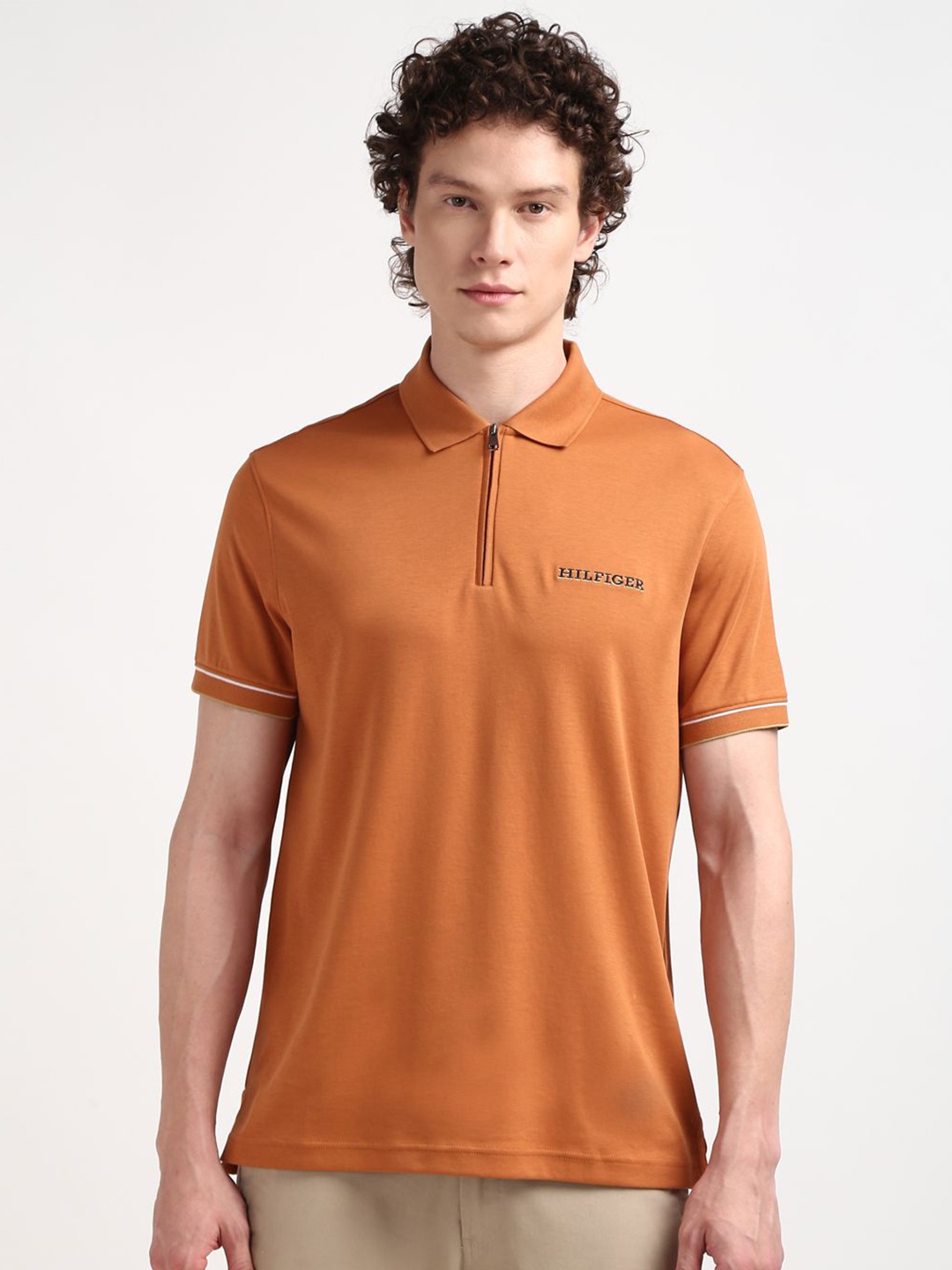 

Tommy Hilfiger Men Embroidered Polo Collar Pure Cotton T-shirt, Orange