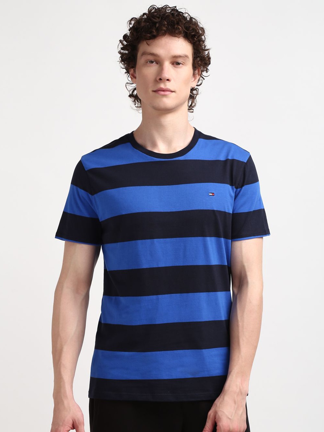 

Tommy Hilfiger Men Striped Round Neck Pure Cotton T-shirt, Blue