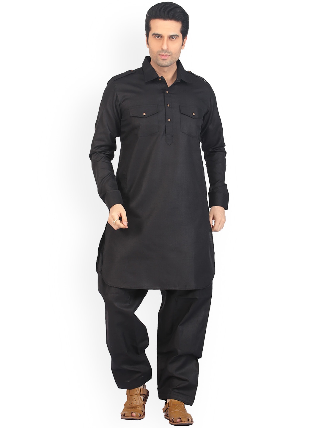 

Anouk Men Solid Pathani Kurta with Trousers, Black