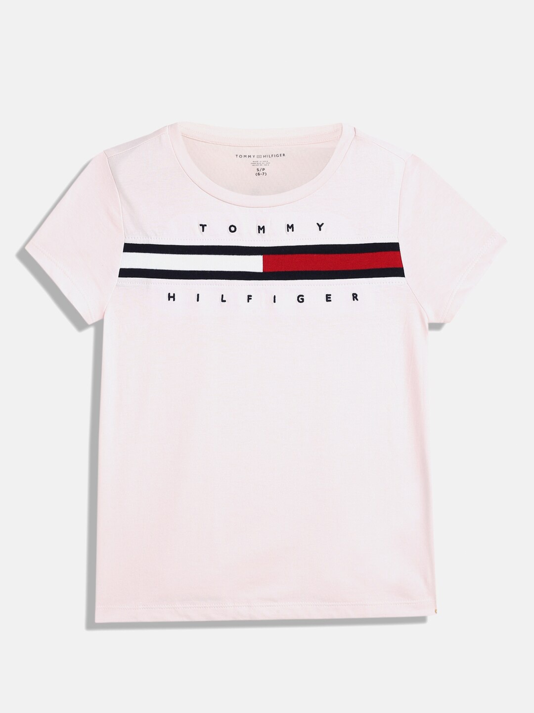 

Tommy Hilfiger Girls Typography Printed Round Neck Embroidered T-shirt, Peach