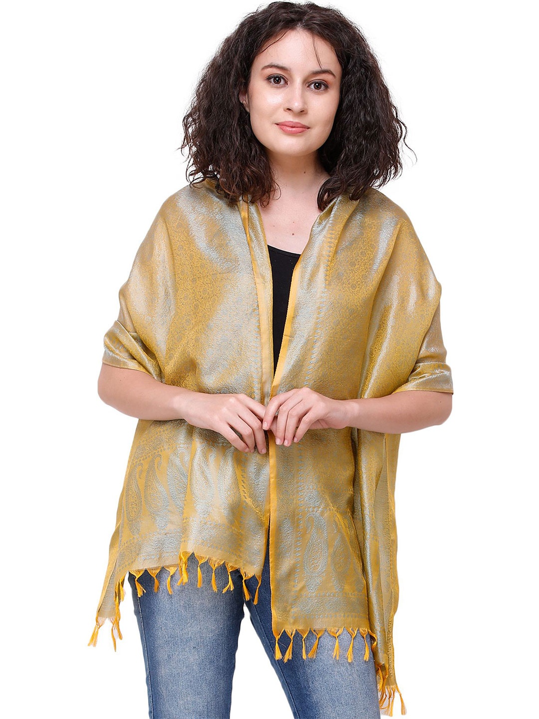 

Exotic India Sauterne Pure Silk All-Over Tanchoi Weave Banarasi Handloom Scarf, Yellow