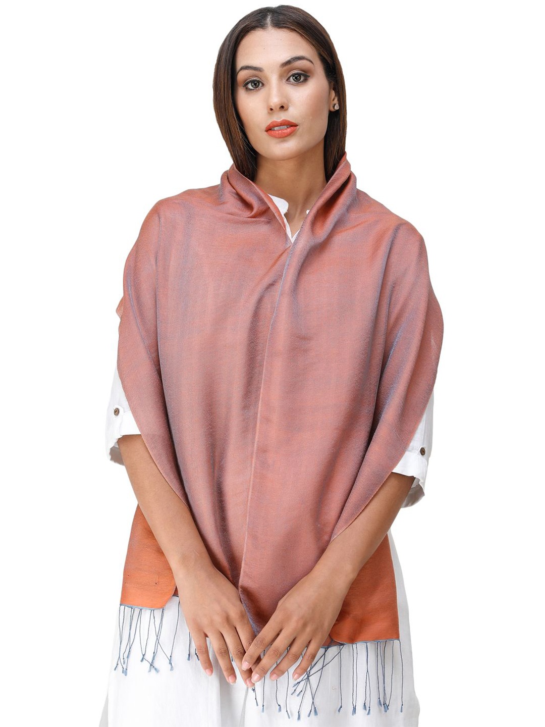 

Exotic India Brick Dust Plain Reversible Water-Pashmina Pure Wool-Silk Scarf, Orange