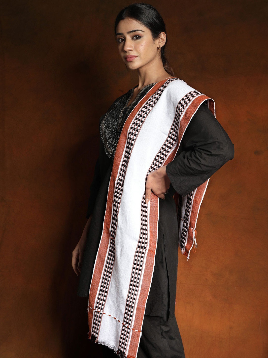 

Exotic India Baked Clay Thread Woven Border Cotton Manipur Style Leirum Scarf, Off white